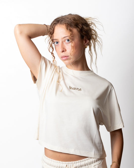 T-Shirt Disclaimer cropped con logo maculato donna