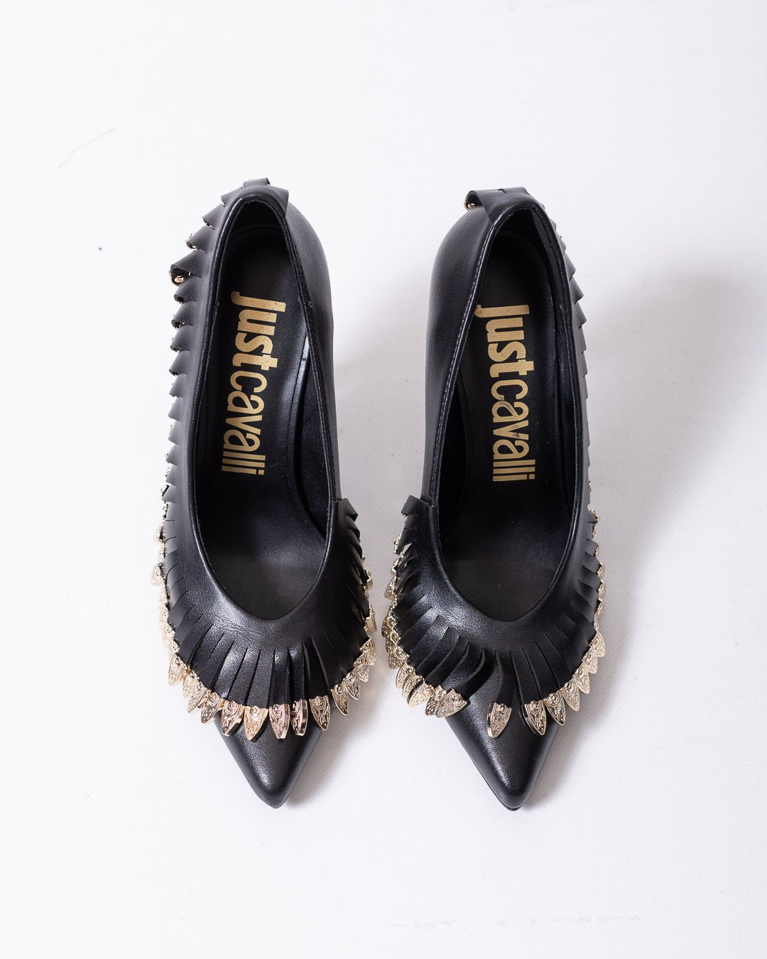 Tacchi Just Cavalli in pelle con frange e dettagli metallici oro