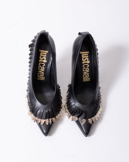 Tacchi Just Cavalli in pelle con frange e dettagli metallici oro
