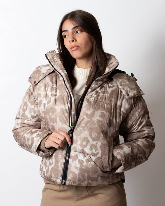 Piumino Disclaimer puffer maculato con cappuccio donna