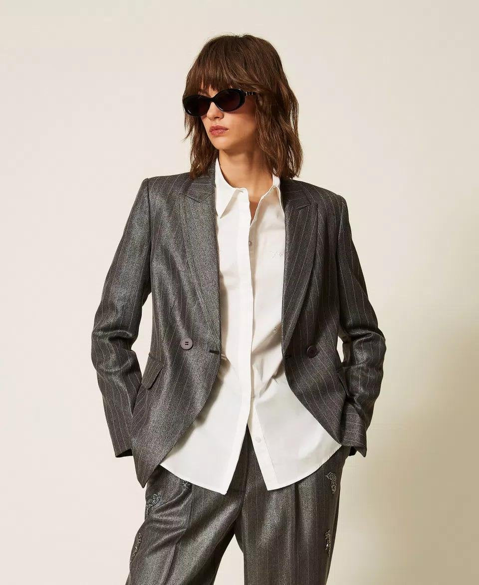 Giacca blazer Twinset Actitude doppiopetto gessato con finitura laminata