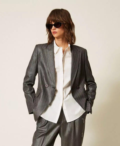 Giacca blazer Twinset Actitude doppiopetto gessato con finitura laminata