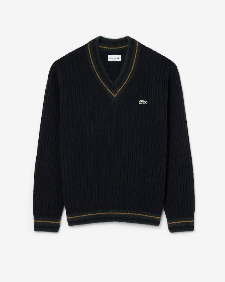 Maglia Lacoste scollo a "V" in lana a costine con logo ricamato
