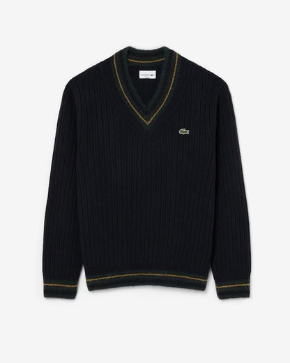 Maglia Lacoste scollo a "V" in lana a costine con logo ricamato