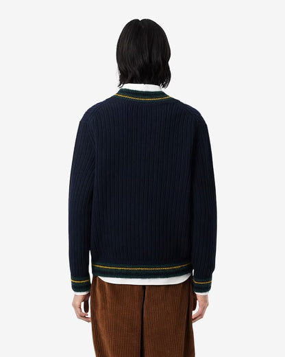 Maglia Lacoste scollo a "V" in lana a costine con logo ricamato