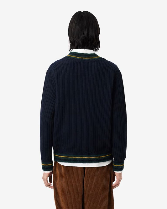 Maglia Lacoste scollo a "V" in lana a costine con logo ricamato