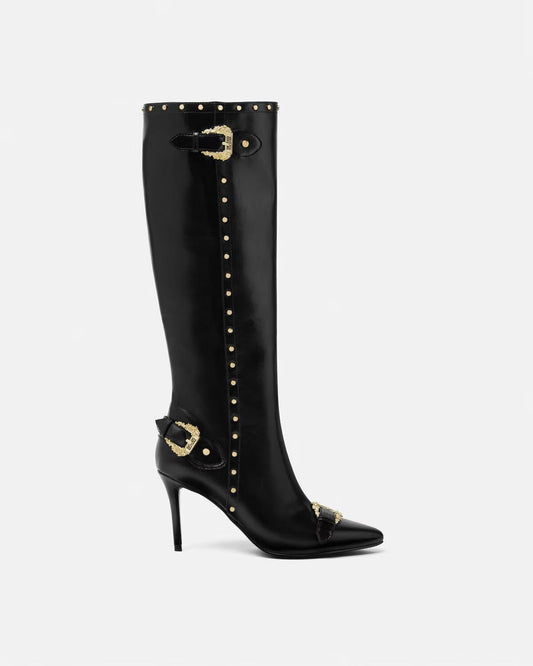 Stivali Versace Jeans Couture in pelle con tacco e fibbie donna