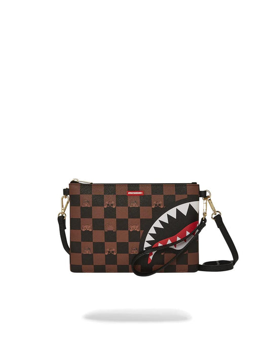 Pochette Sprayground marrone peeking character check clutch con tracolla