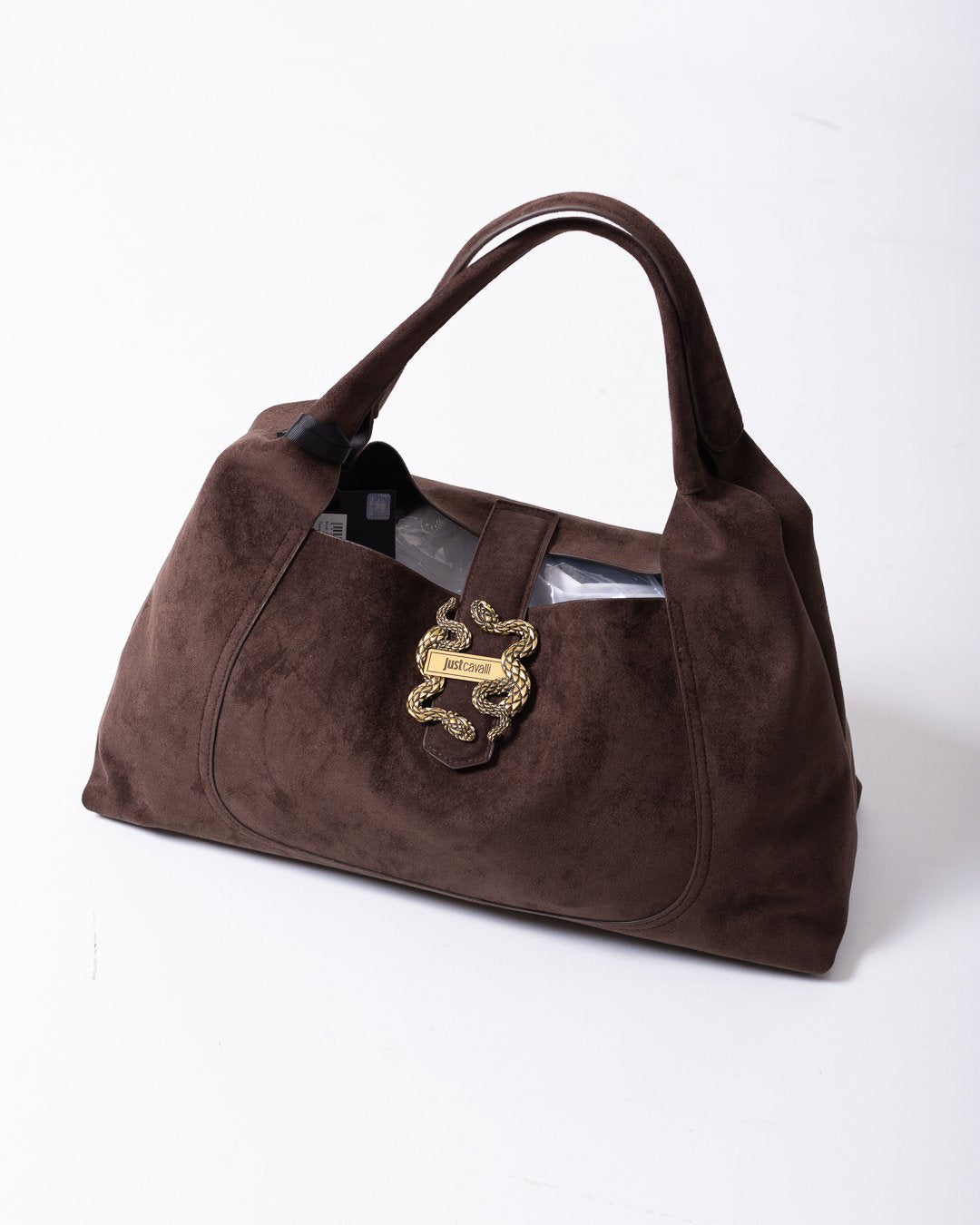 Borsa Just Cavalli in camoscio con dettaglio logo in metallo oro