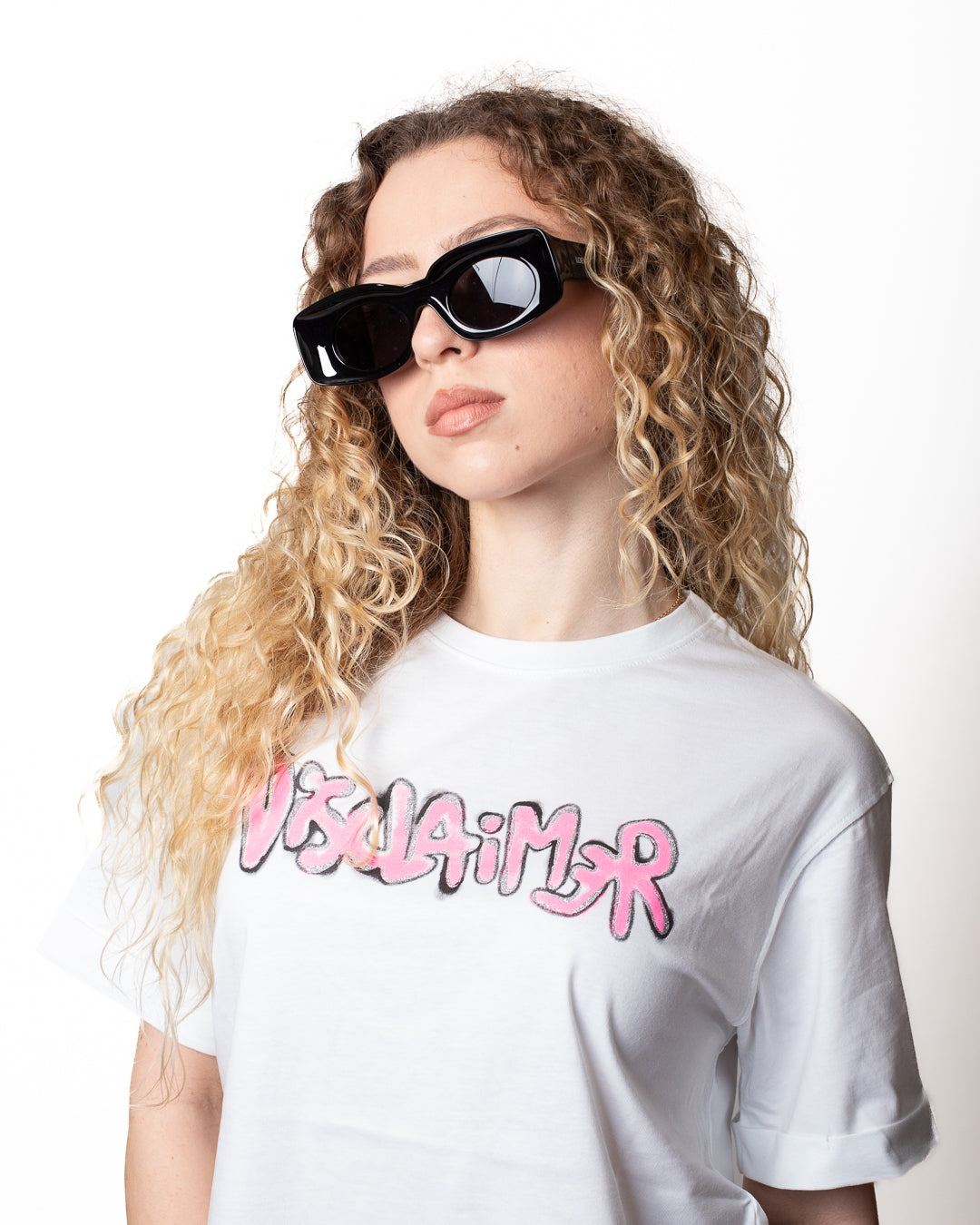 T-Shirt Disclaimer cropped con stampa a glitter donna