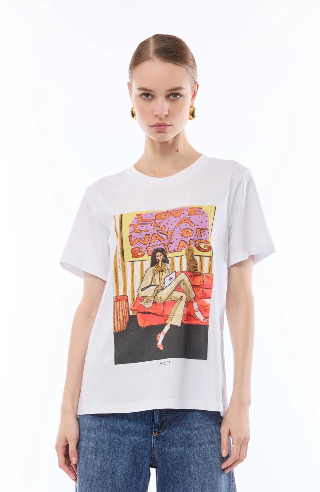 T-Shirt Nenette con stampa e strass donna