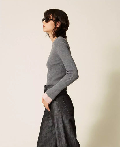 Maglia Twinset Actitude in costina con polsini a contrasto donna