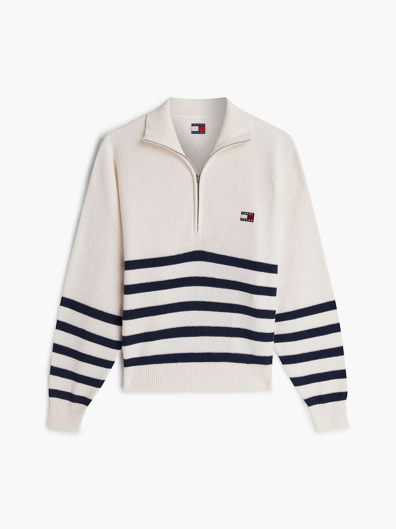 Maglia Tommy Jeans mezza zip a righe con logo flag donna