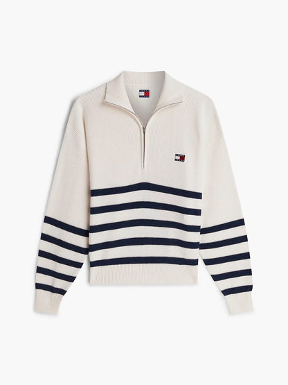 Maglia Tommy Jeans mezza zip a righe con logo flag donna