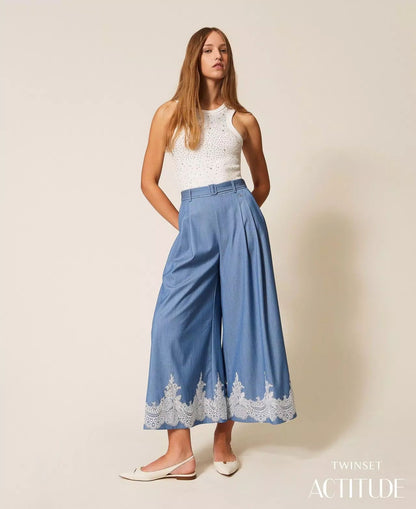 Pantalone Twinset Actitude a palazzo con pizzo e cintura donna