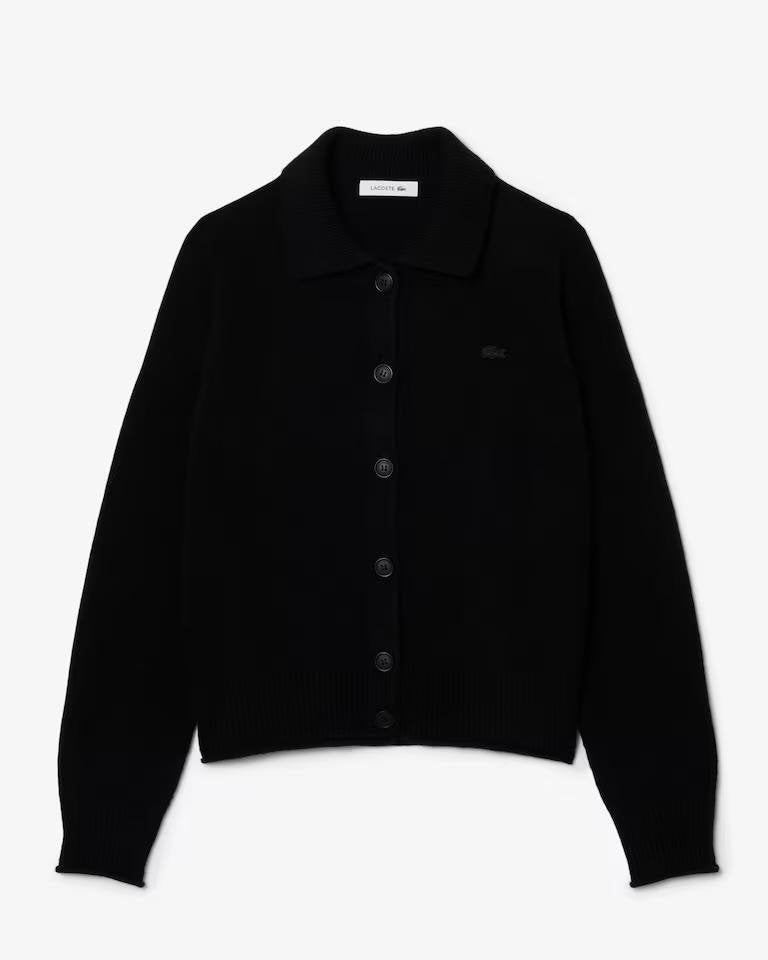 Cardigan Lacoste in lana merino con logo ricamato tono su tono