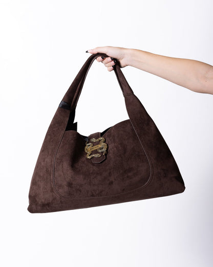Borsa Just Cavalli in camoscio con dettaglio logo in metallo oro