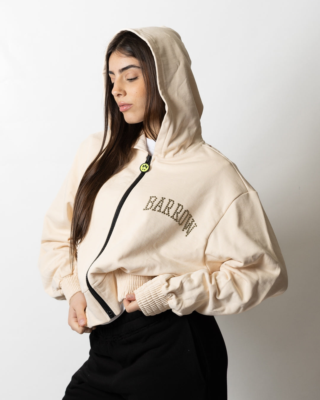 Felpa Barrow cropped fullzip con cappuccio, stampa e borchie donna