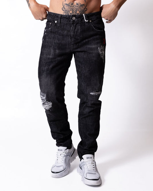 Jeans G2Firenze con rotture e patch logo con applicazione metallica