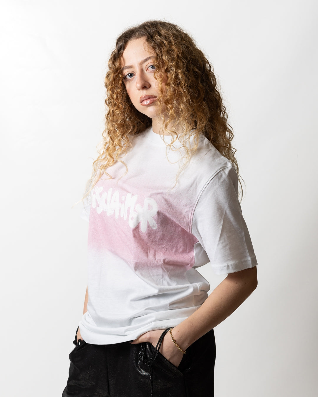 T-Shirt Disclaimer con stampa e glitter donna