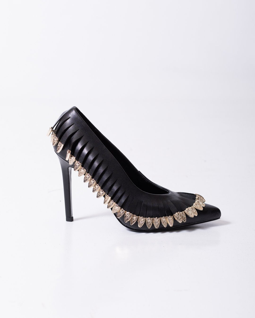 Tacchi Just Cavalli in pelle con frange e dettagli metallici oro