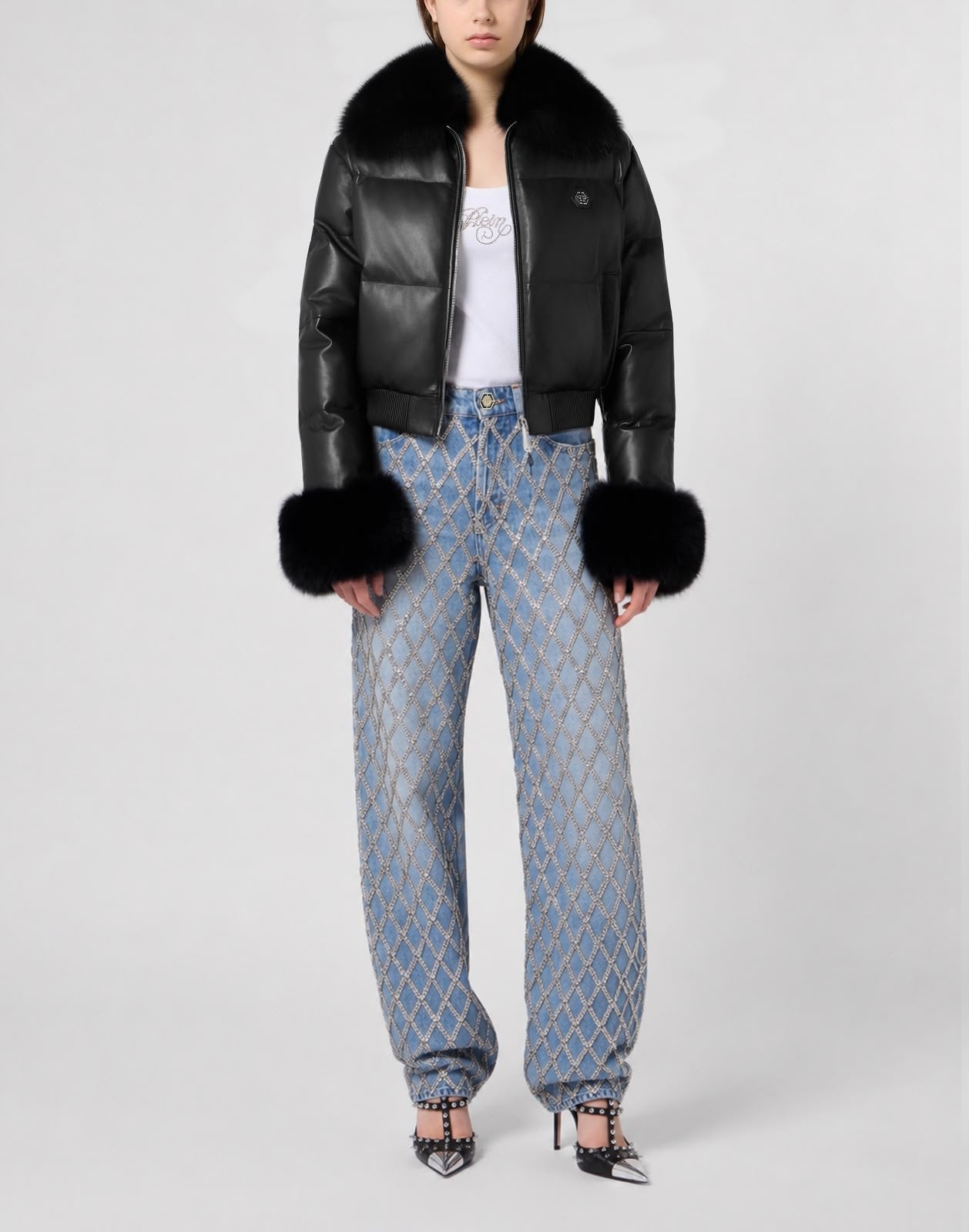 Bomber Philipp Plein pelle trapuntata e pelliccia di volpe