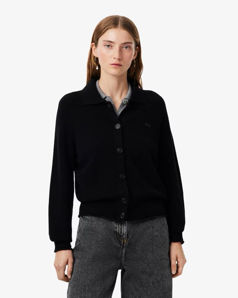 Cardigan Lacoste in lana merino con logo ricamato tono su tono