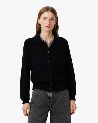 Cardigan Lacoste in lana merino con logo ricamato tono su tono