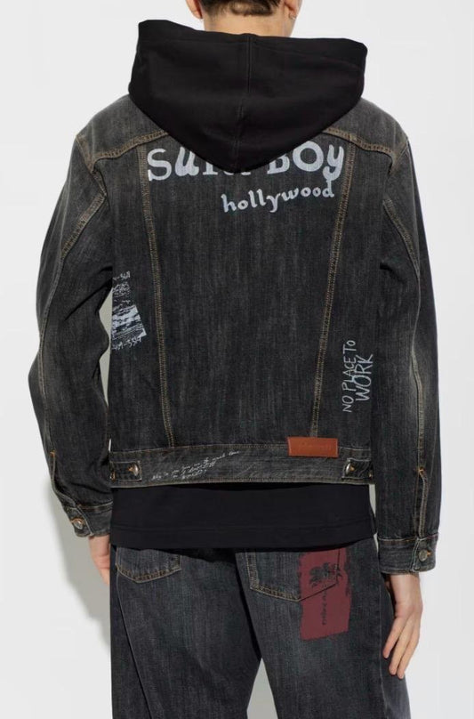 Giubbotto Palm Angels in jeans con cappuccio e stampe decorative