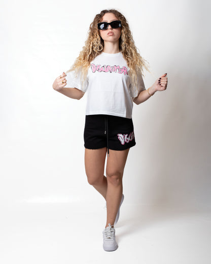 T-Shirt Disclaimer cropped con stampa a glitter donna