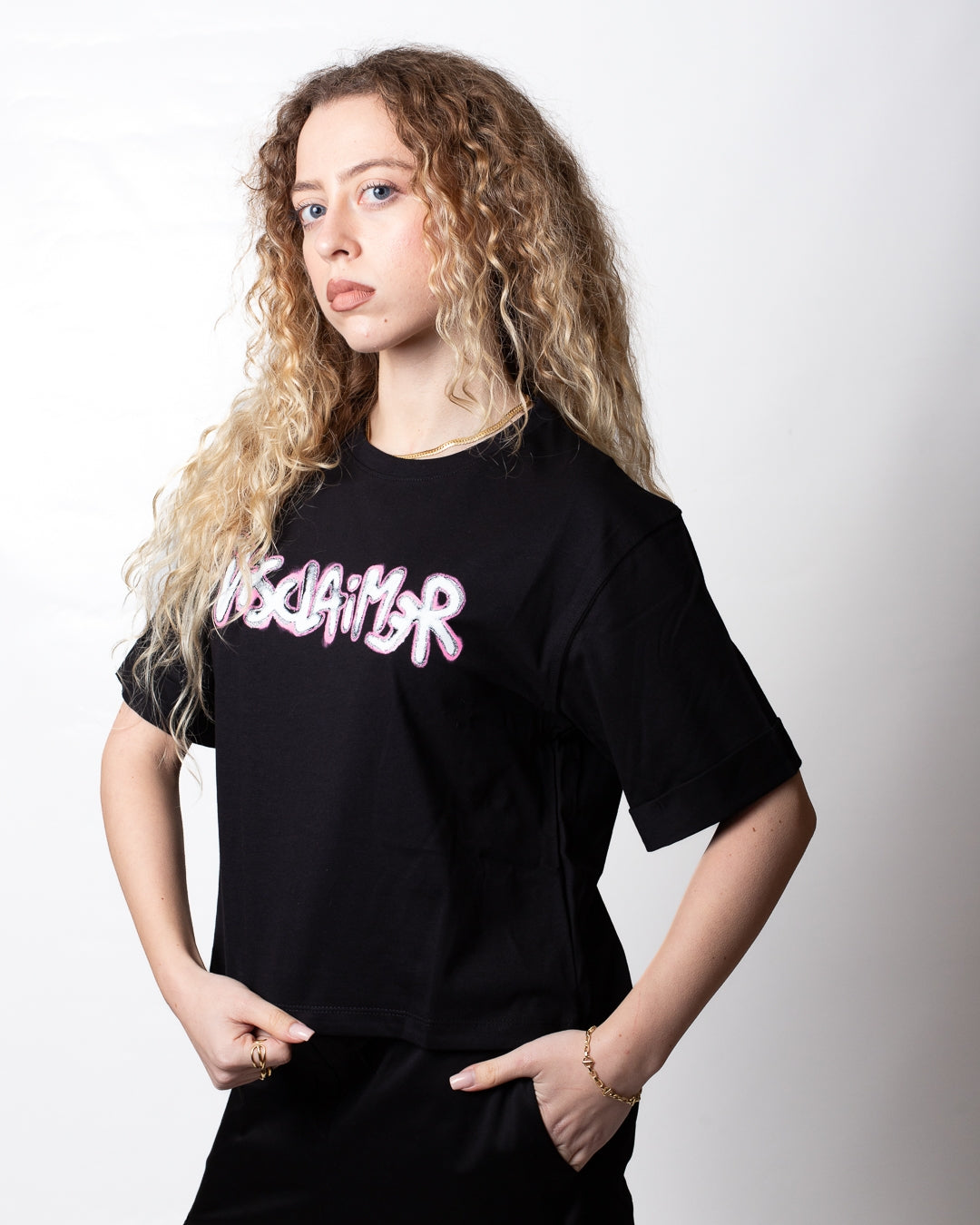 T-Shirt Disclaimer cropped con stampa a glitter donna
