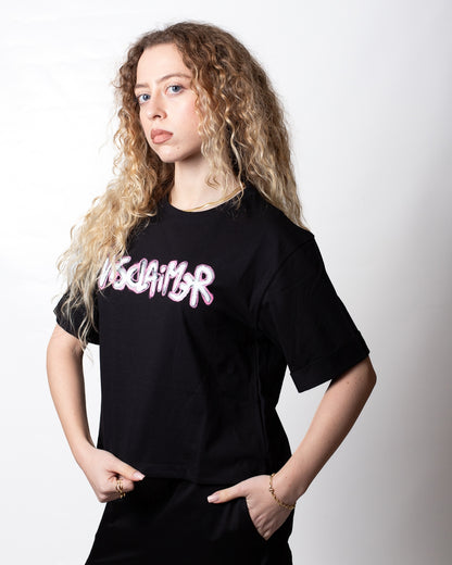 T-Shirt Disclaimer cropped con stampa a glitter donna
