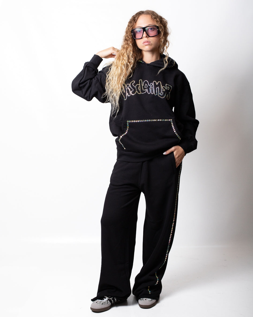 Pantalone Disclaimer in felpa con strass multicolor donna