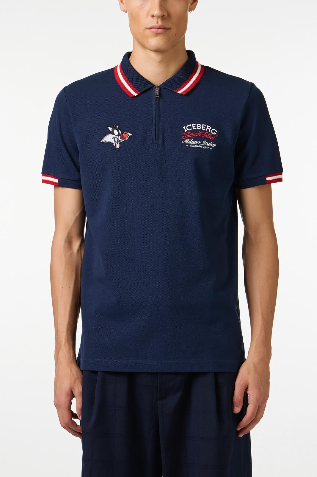 Polo Iceberg mezza zip in piquet con ricamo cartoon uomo