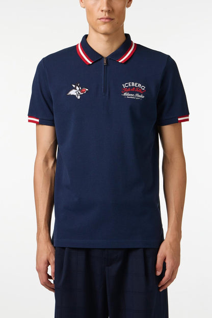 Polo Iceberg mezza zip in piquet con ricamo cartoon uomo