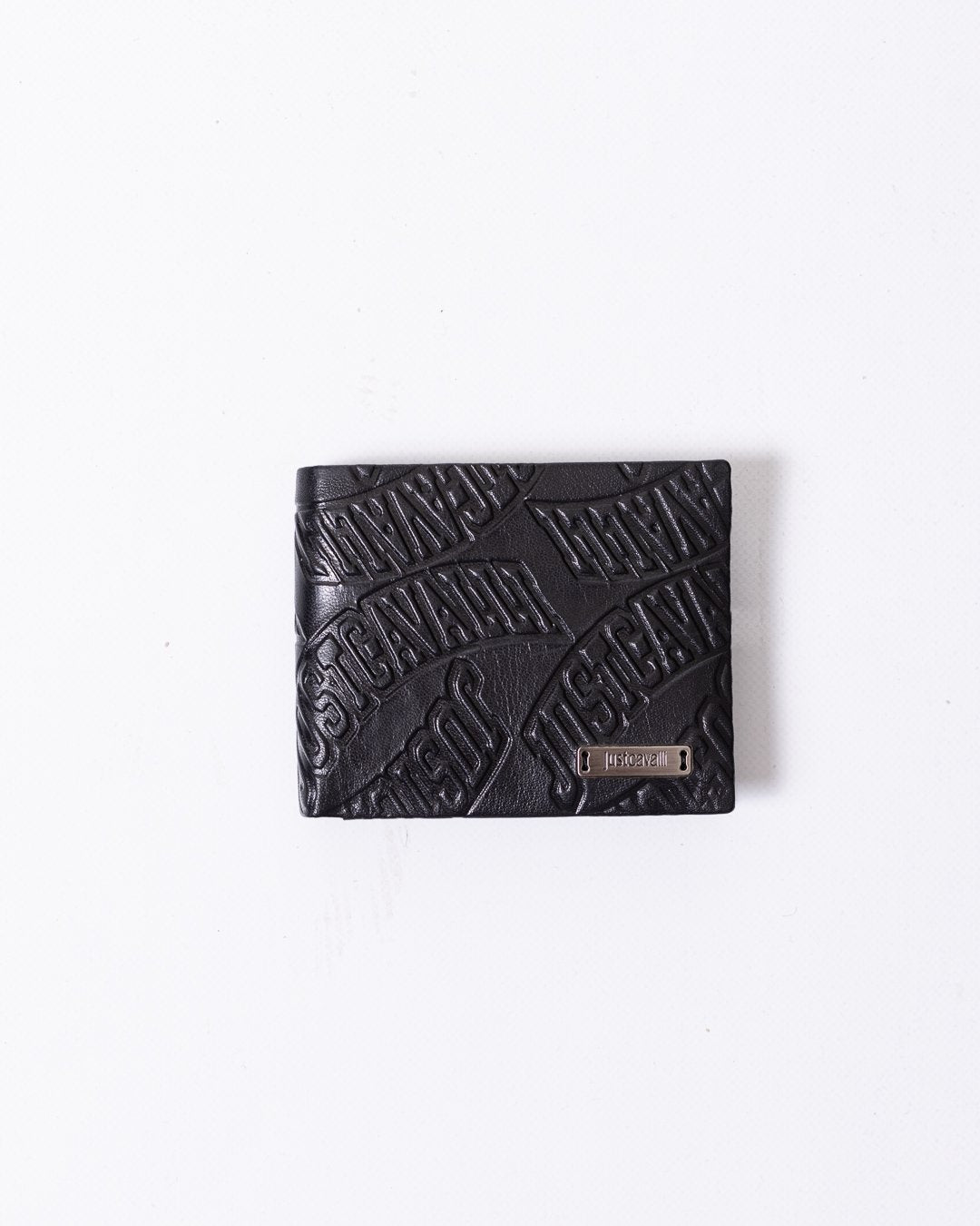 Portafoglio Just Cavalli in pelle con logo metal plate e logo all-over in rilievo
