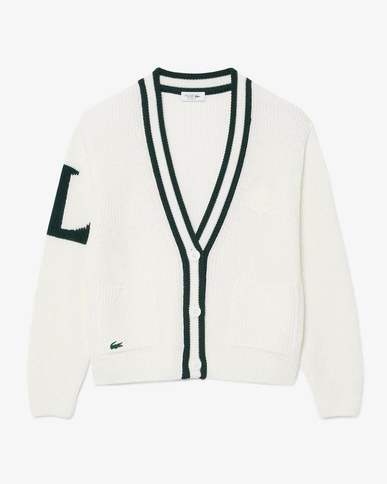 Cardigan Lacoste in lana con logo gommato e profili a contrasto