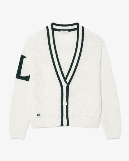 Cardigan Lacoste in lana con logo gommato e profili a contrasto