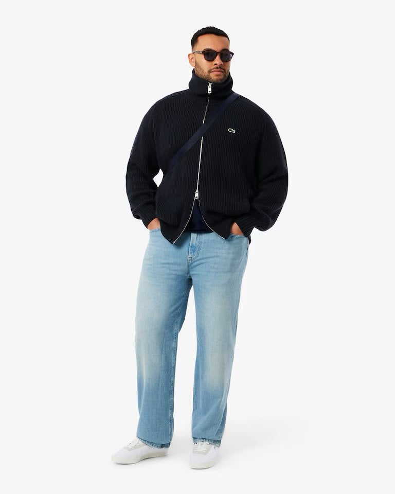 Maglia Lacoste fullzip a collo alto in lana con costine uomo