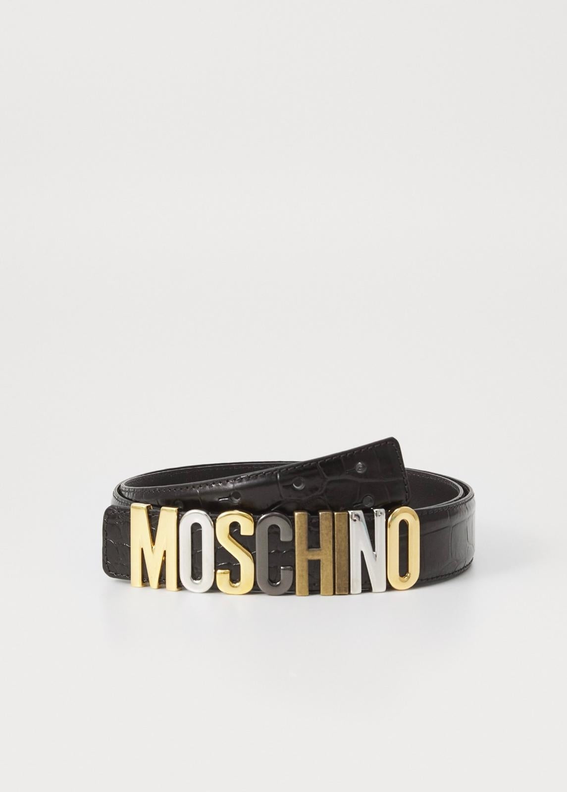 Cinta Moschino in coccodrillo con placca logata