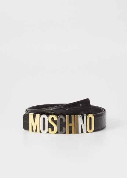 Cinta Moschino in coccodrillo con placca logata