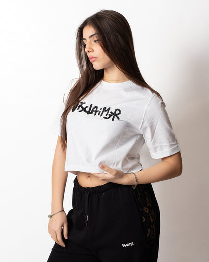 T-Shirt Disclaimer cropped con logo strass donna