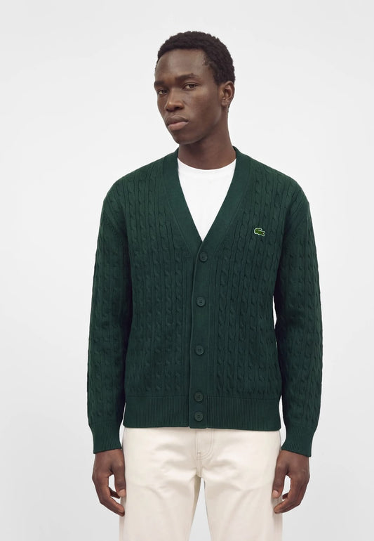 Cardigan Lacoste treccia inglese con logo ricamato e maxi logo sul retro