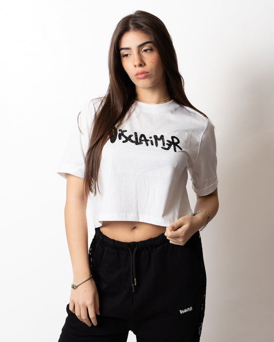 T-Shirt Disclaimer cropped con logo strass donna