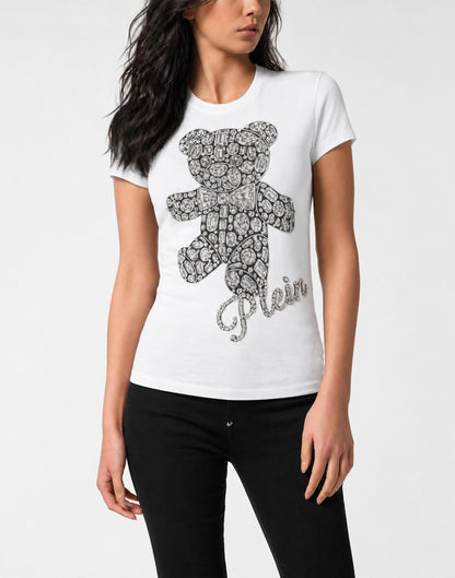 T-shirt Philipp Plein sexy pure fit "Teddy Crystal" con cristalli e stampa