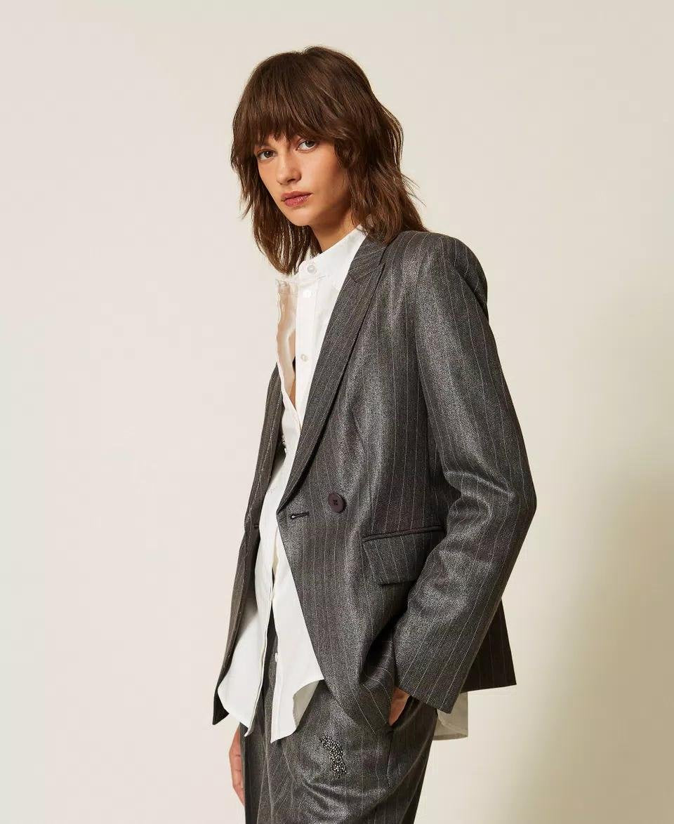Giacca blazer Twinset Actitude doppiopetto gessato con finitura laminata