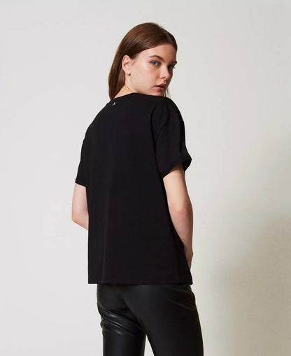 T-Shirt Twinset Actitude con logo lurex e perline donna