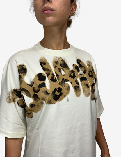 T-Shirt Disclaimer girocollo con logo leopardato donna