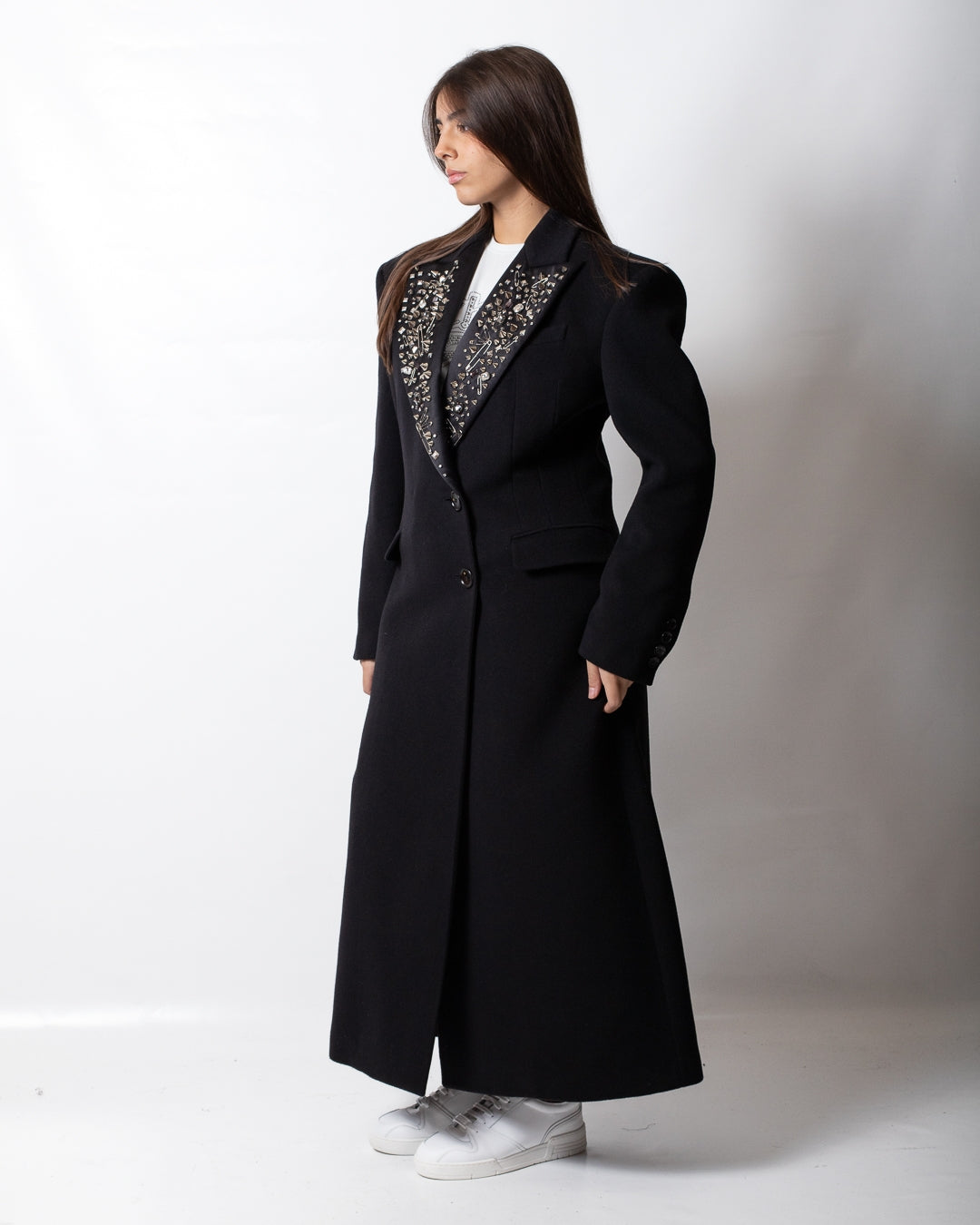 Cappotto John Richmond doppiopetto in lana con graffette, borchie e strass donna