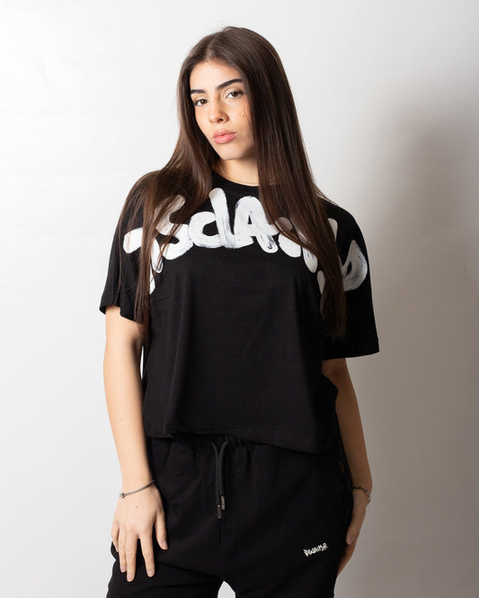 T-Shirt Disclaimer cropped con logo glitter donna